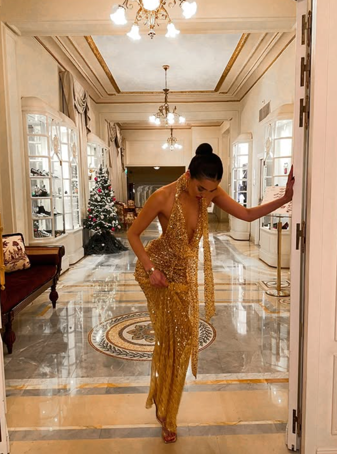 Golden Sheath V Neck Sequin Long Prom Dress Birthday Dress Evening Dress SH4270