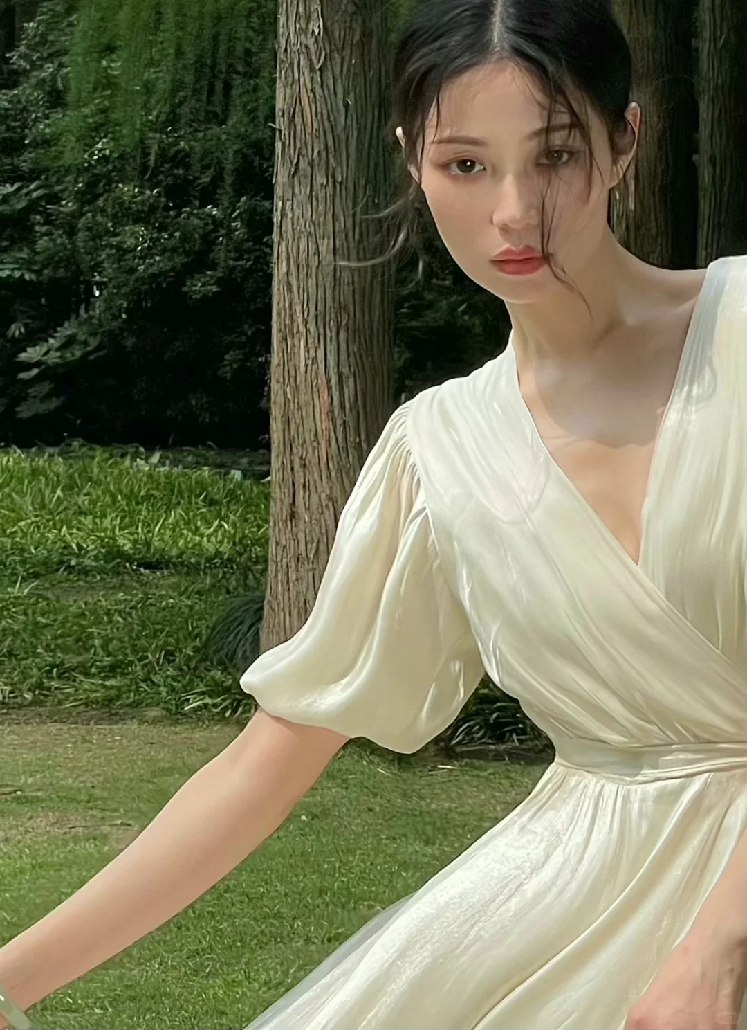 Simple A Line Puff V Neck Satin Long Prom Dress Birthday Dress Outfits SH3973