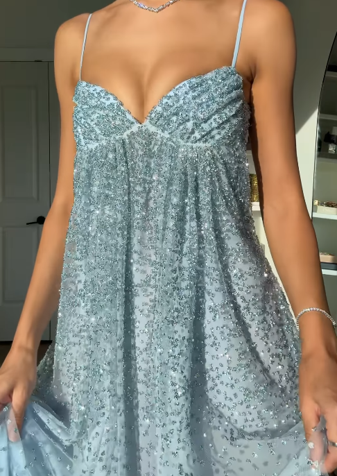 Blue A Line Spaghetti Strap Sequin Beaded Tulle Prom Dress Evening Dress SH4791