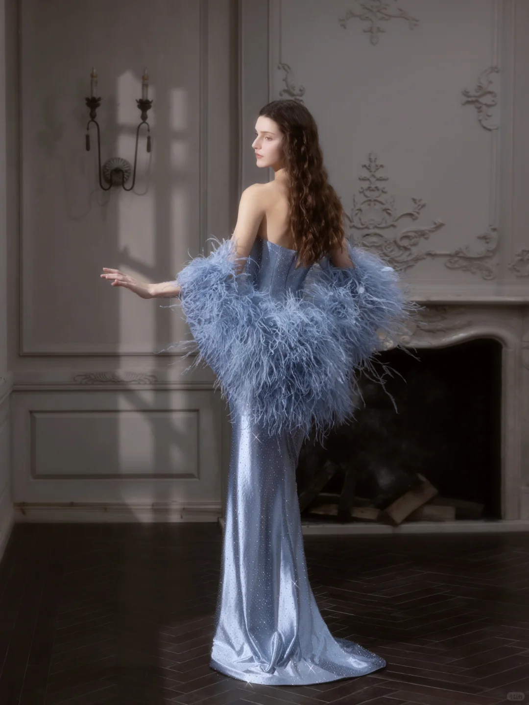 Blue Sheath Strapless Feather Rhinestone Satin Long Prom Dress 16th Birthday Dress SH4192