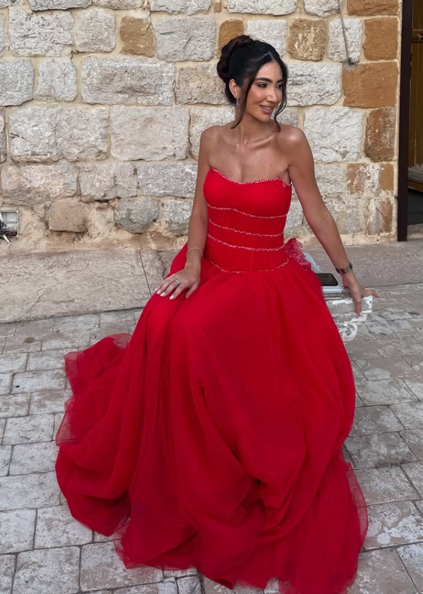 Flowy Red A Line Off the Shoulder Beaded Tulle Prom Dress Evening Dress SH6523