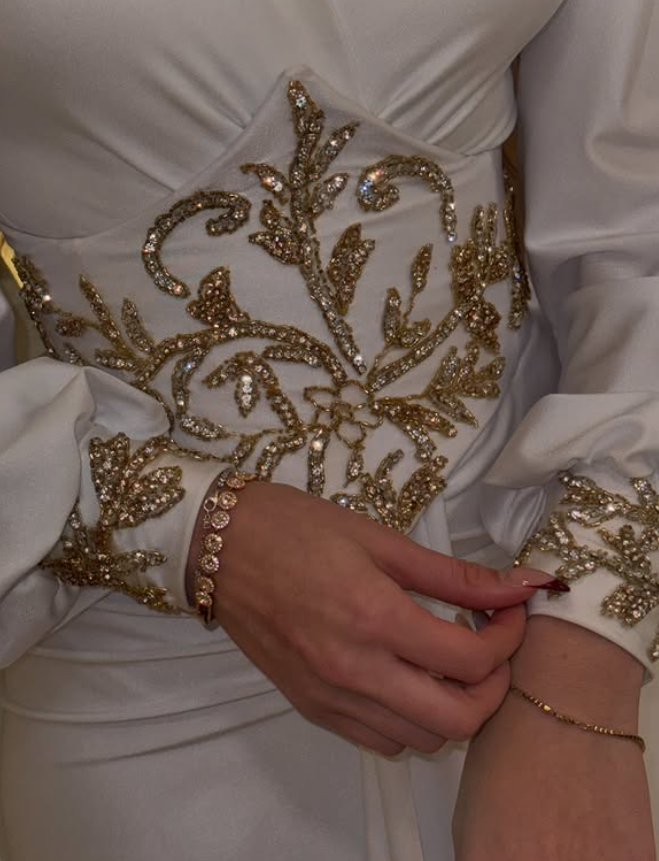 Elegant Sheath Long Sleeve Golden Beaded Satin Long Prom Dress Party Dress SH4813