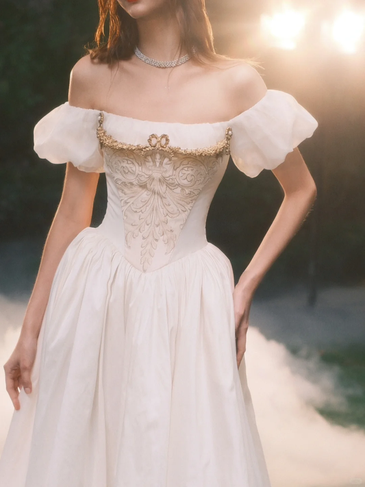 Princess A Line Puff White Appliques Satin Long Prom Dress Evening Dress SH3318