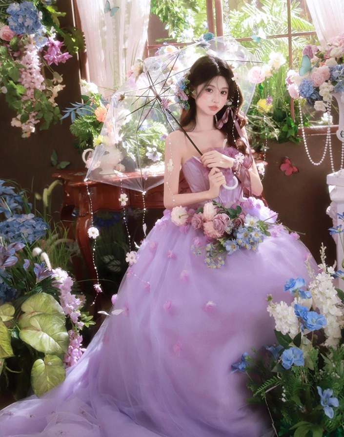 Purple Ball Gown Strapless Corset Floral Tulle Prom Dress 16th Birthday Dress SH4053