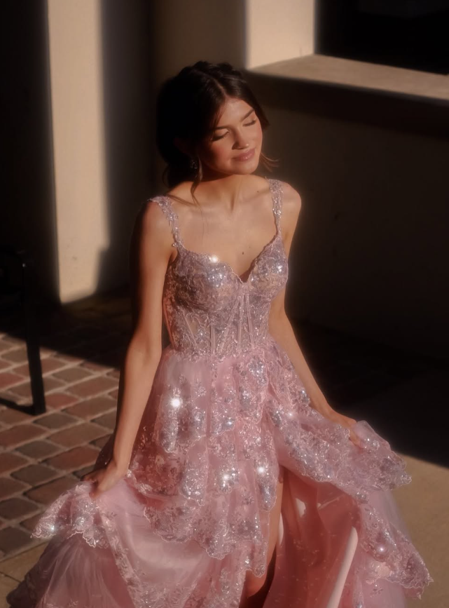 Elegant A Line Off the Shoulder Tiered Sequin Light Pink Tulle Prom Dress Evening Dress SH2385