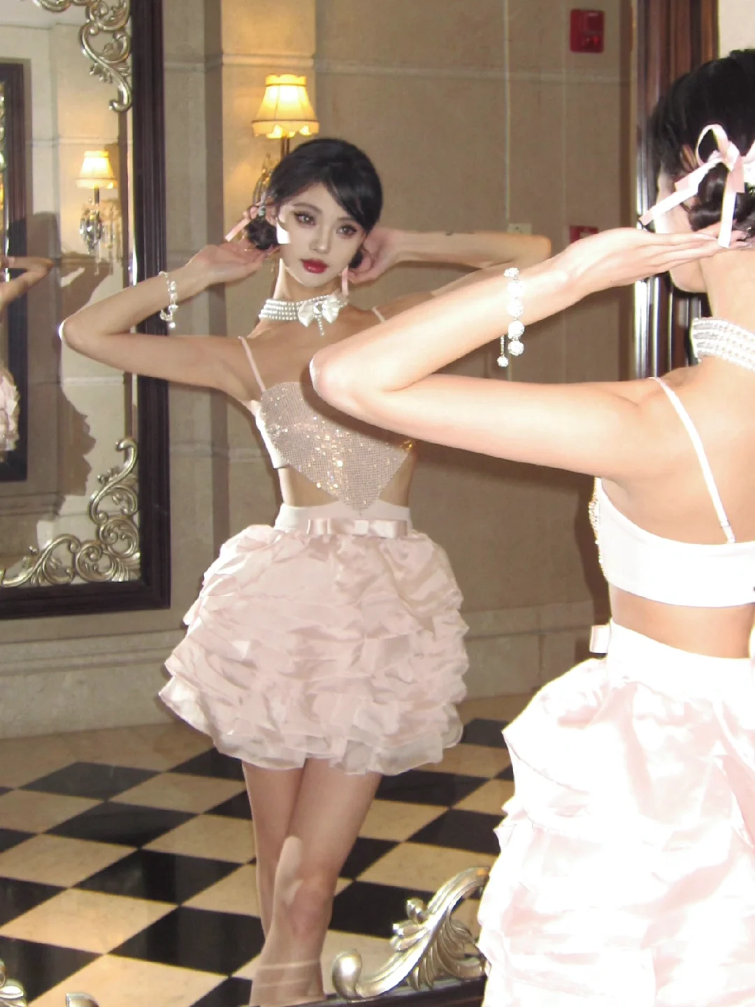 Pink Sequin A Line Spaghetti Strap Layered Organza Short Homecoming Dress Birthday Dress SH3642