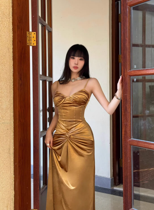 Golden A Line Spaghetti Strap Pleated Velvet Prom Dress Party Dress SH4390