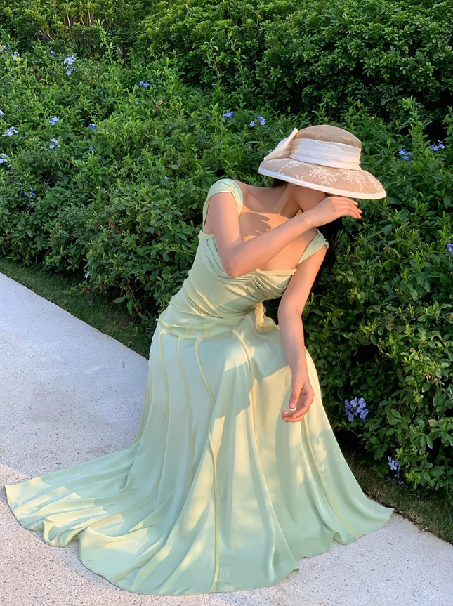 Elegant Green A Line Spaghetti Strap Chiffon Long Prom Dress Party Dress SH4036