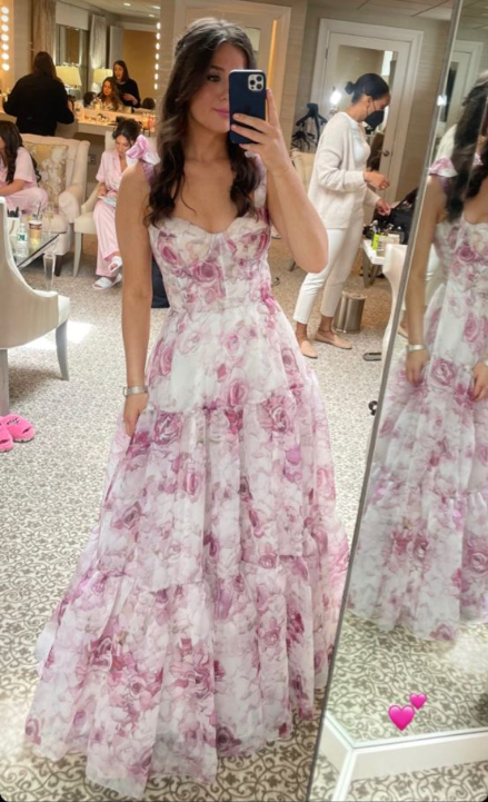 Cute Chiffon Floral Print Prom Dress Senior Evening Gown SH1007