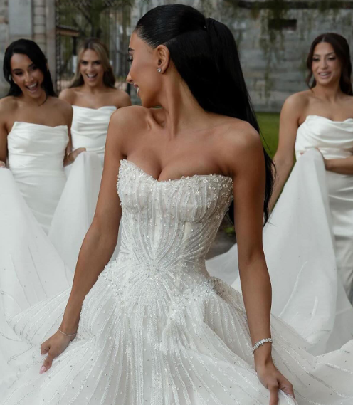 White Ball Gown Strapless Beaded Sequin Tulle Long Sweep Prom Dress Wedding Dress SH4772