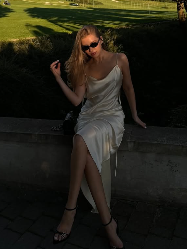 Simple White A Line Spaghetti Strap Satin Open Back Prom Dress Wedding Guest Dress SH4446