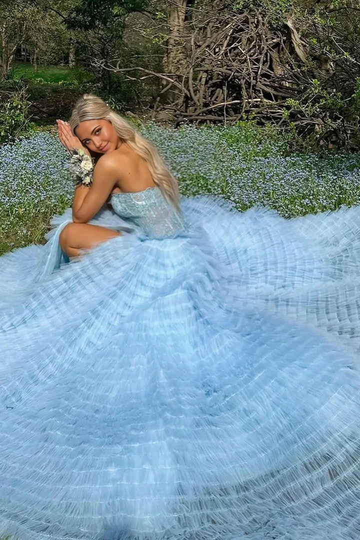 Gentle A Line Strapless Appliques Tiered Blue Tulle Prom Dress Evening Dress SH2637