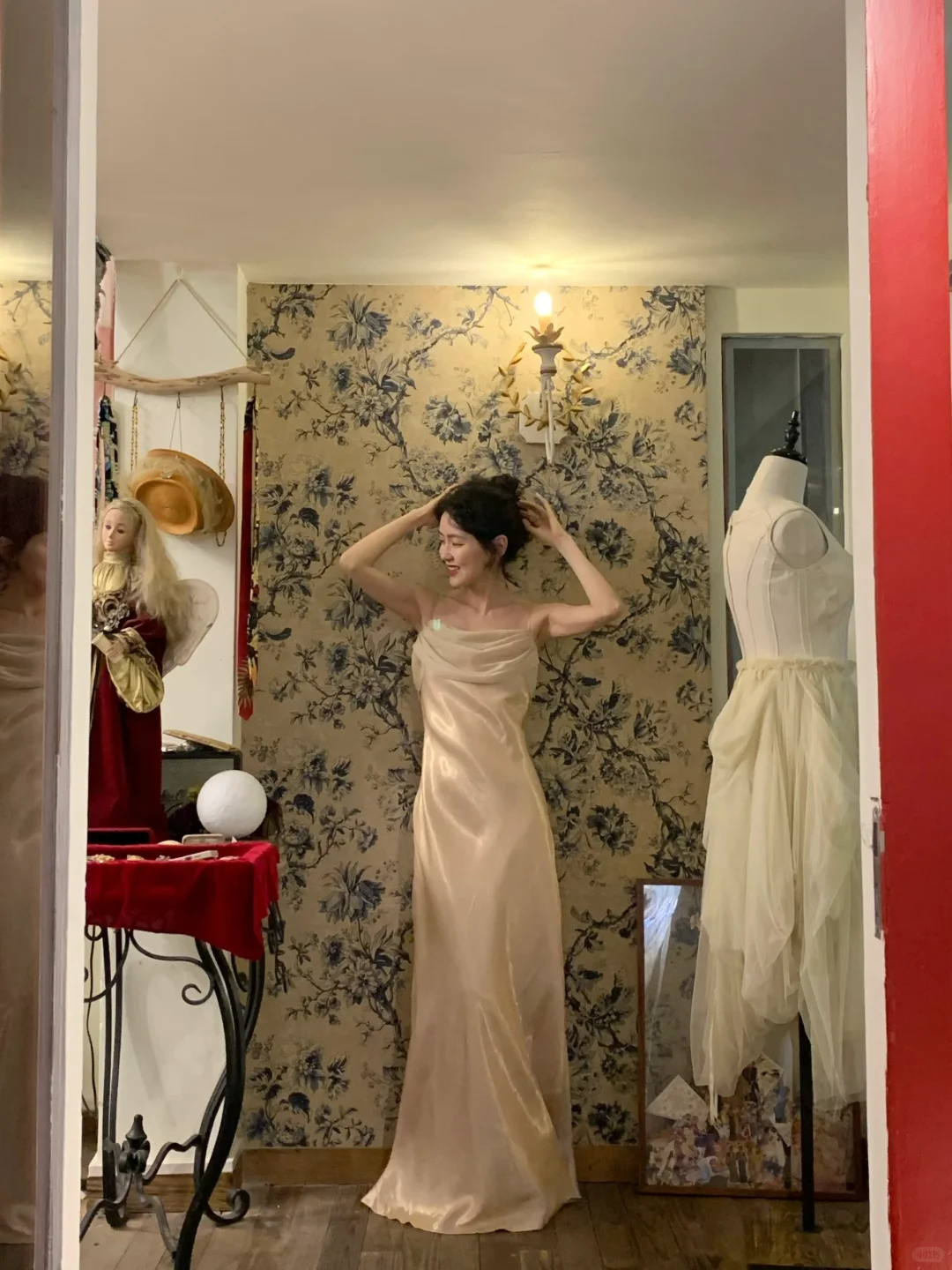 Vintage Apricot A Line Spaghetti Strap Satin Prom Dress 22th Birthday Dress SH4411