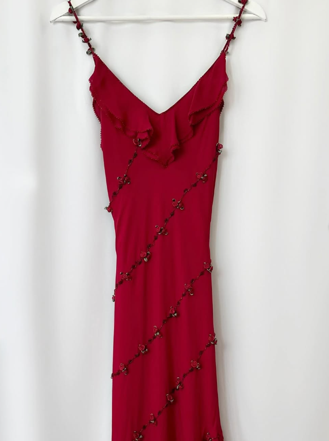 Vintage Burgundy Floral Beaded Ruffles Chiffon Prom Dress Evening Party Gowns SH3536