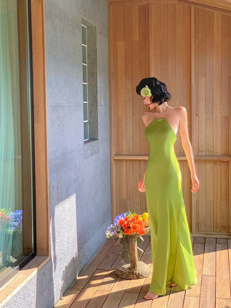 Simple Green Mermaid Straps Satin Open Back Long Prom Dress Vacation Dress SH4319