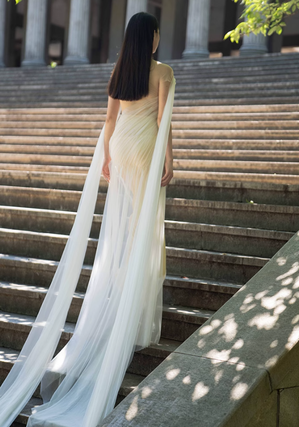 Flowy Simple Ivory A Line Pleated Tulle Long Evening Dress Party Dress SH3484