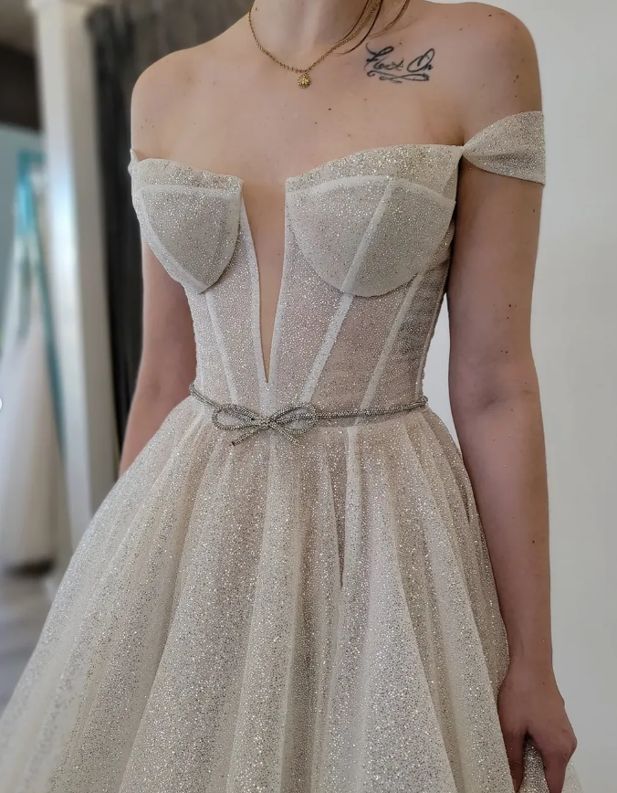 Shiny A Line Off the Shoulder Corset Sequin Wedding Dress SH7134