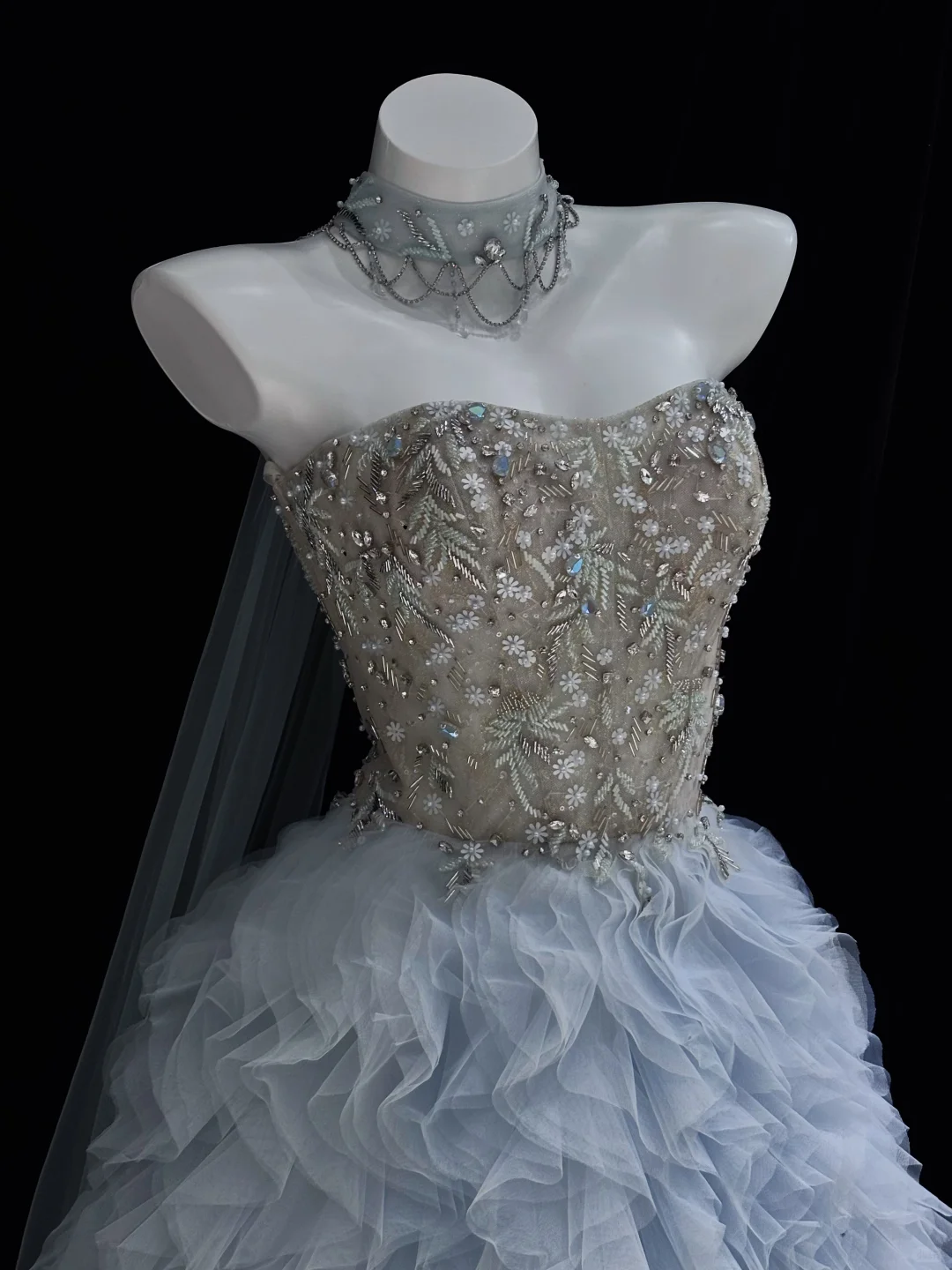 Elegant A Line Sweetheart Neck Beaded Blue Tulle Long Prom Dress Evening Dress SH5006