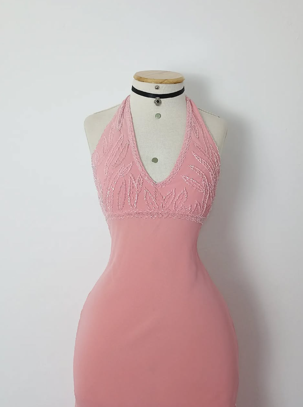 Retro A Line V Neck Pink Beaded Chiffon Prom Dress Evening Dress SH3367