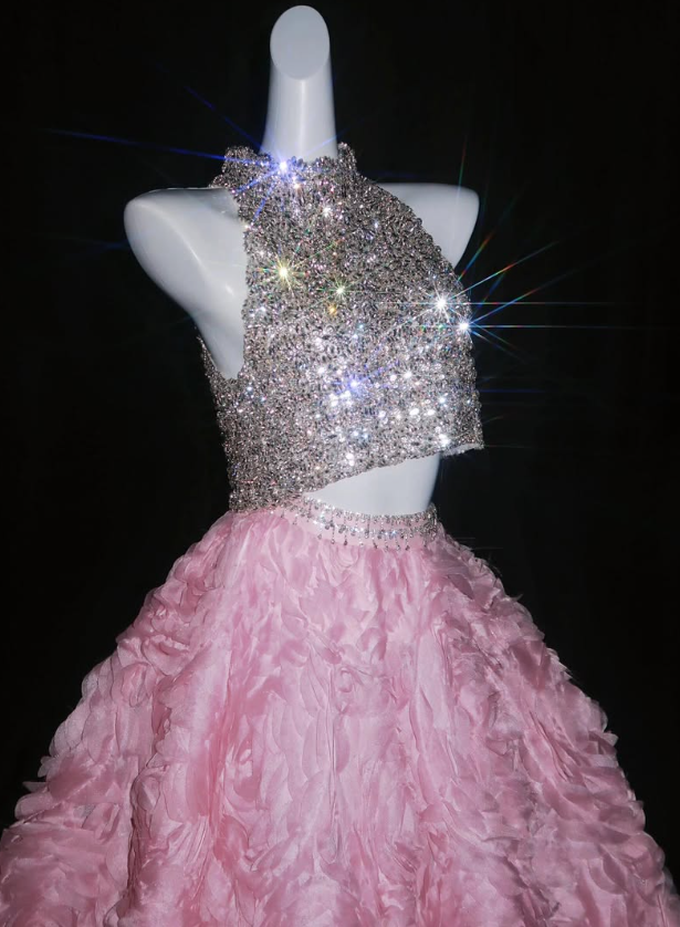 Shiny Rhinestone Ball Gown Exquisite 3D Pink Rose Tulle Prom Dress Quinceanera Dress SH7162