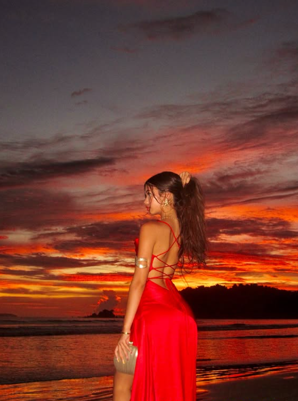 Red Mermaid Spaghetti Strap Ruffle Satin Open Back Prom Dress Vacation Dress with Slit SH4477