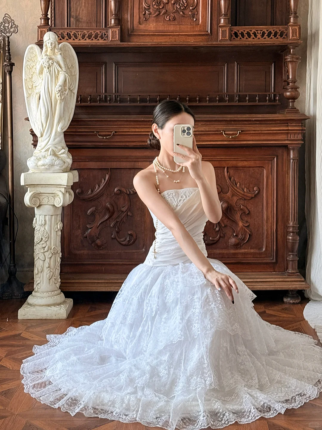 Vintage Princess White A Line Layered Lace Satin Long Prom Dress Evening Dress SH5658