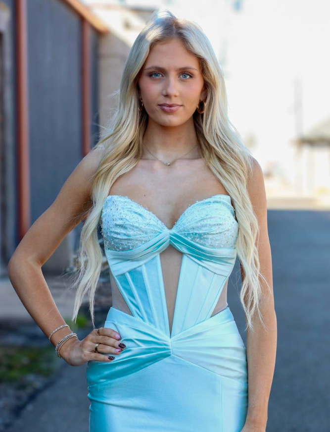 Sweety Baby Blue Mermaid Strapless Beaded Satin Slit Long Prom Dress Evening Dress SH7226