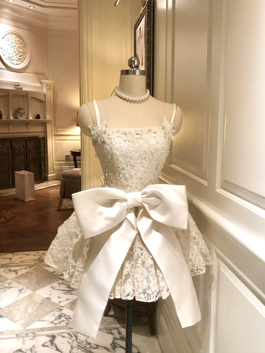 White A Line Spaghetti Strap Pearl Lace Short Homecoming Dress Cocktail Dress SH3360