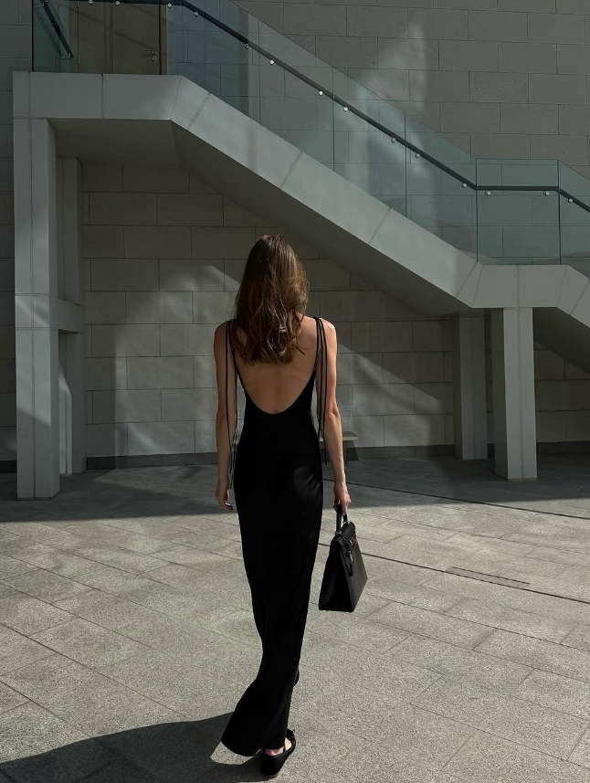 Simple Black A Line Spaghetti Strap Satin Open Back Prom Dress Wedding Guest Dress SH4449