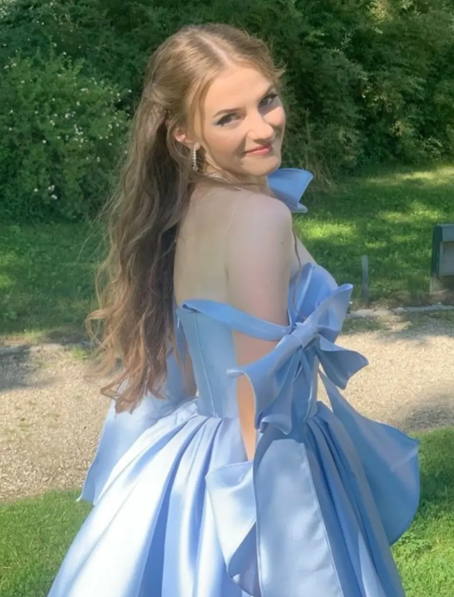 Cute A Line Straps Blue Satin Short Homecoming Dress Cocktail Dress with Bow SH3171