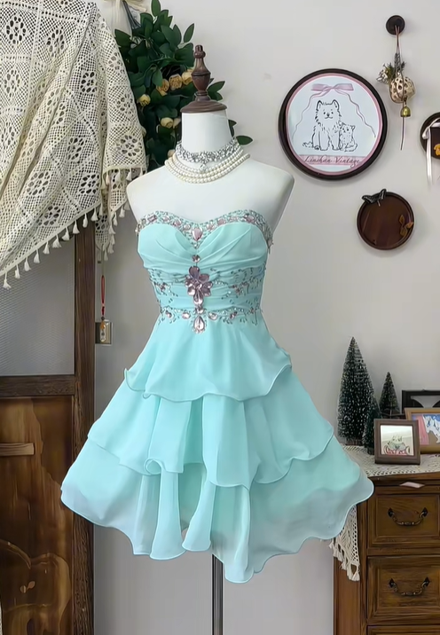 Vintage A Line Sweetheart Neck Layered Rhinestone Blue Chiffon Homecoming Dress Cocktail Dress SH2954