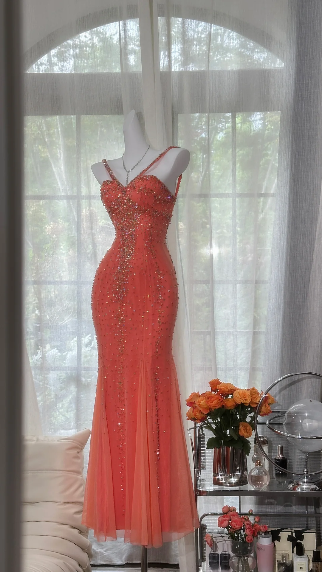 Vintage Mermaid Spaghetti Strap Exquisite Rhinestone Tulle Prom Dress Wedding Guest Dress SH4551