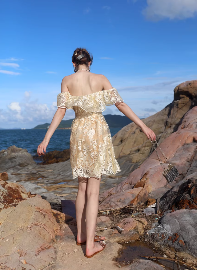 Golden A Line Off the Shoulder Lace Short Homecoming Dress Vacation Dress Outfits SH3996