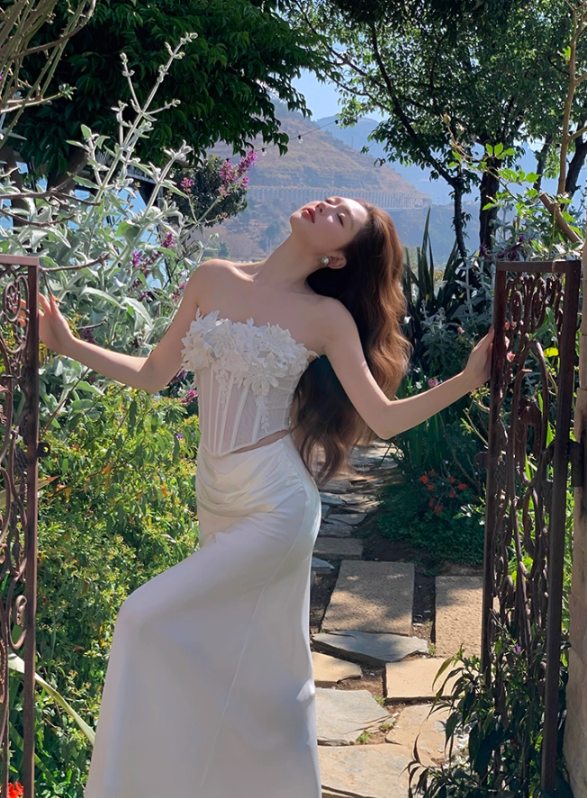 White Sheath Strapless Appliques Tulle Satin Prom Dress Formal Dress SH4169