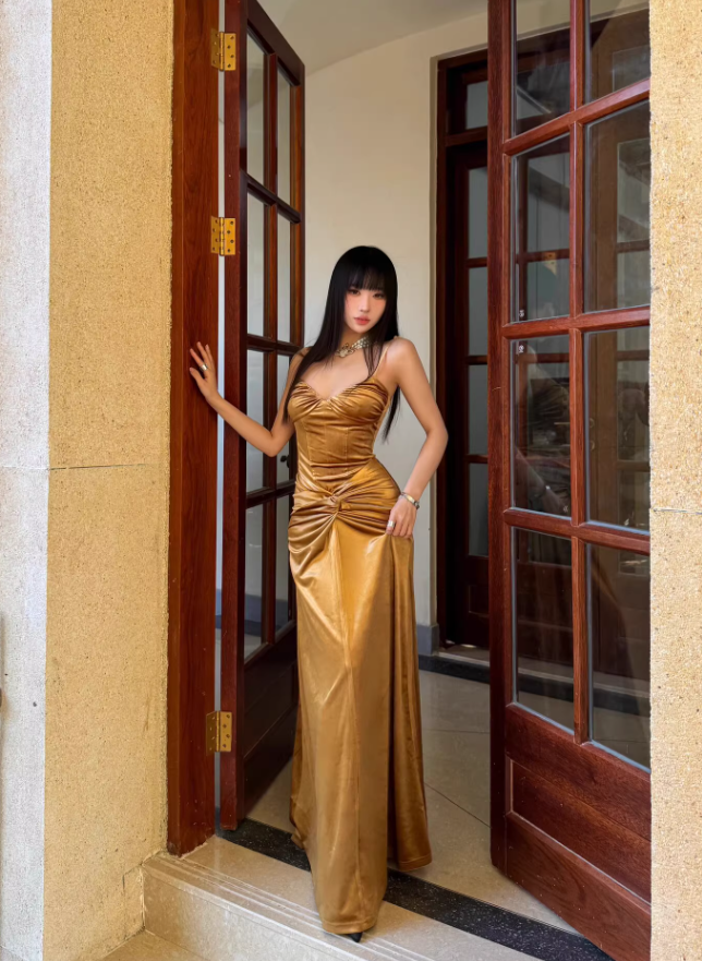 Golden A Line Spaghetti Strap Pleated Velvet Prom Dress Party Dress SH4390