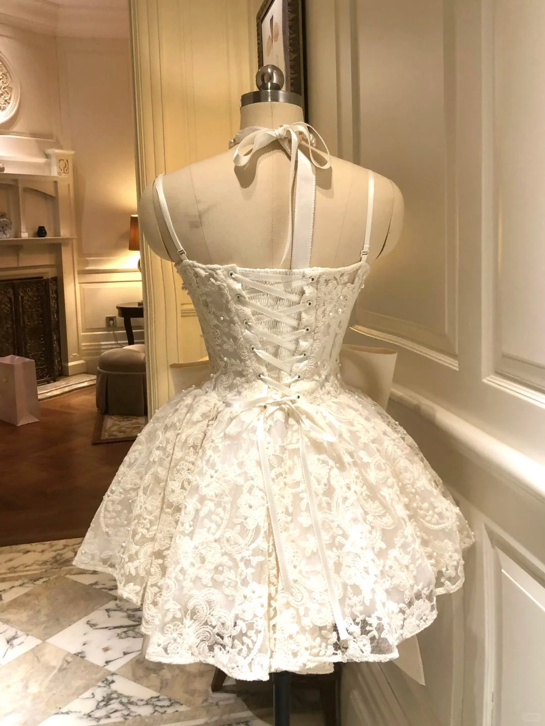 White A Line Spaghetti Strap Pearl Lace Short Homecoming Dress Cocktail Dress SH3360