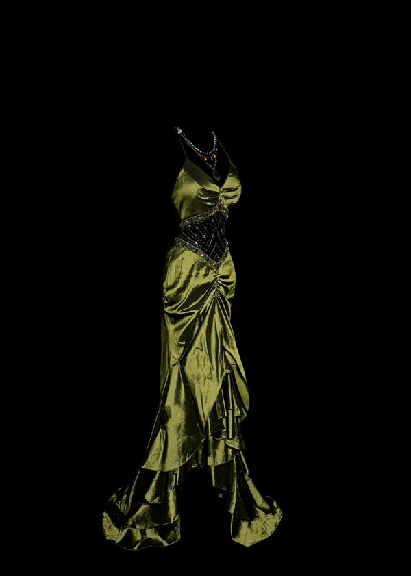 Vintage Mermaid Halter Olive Green 1950s Retro Classy Satin Long Prom Dresses Party Dress 21st Birthday Outfits Graduation Dresses SH3507