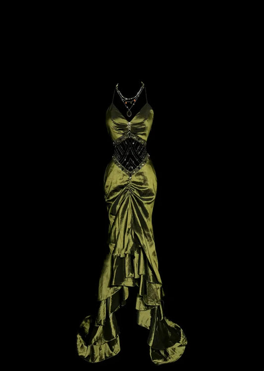 Vintage Mermaid Halter Olive Green 1950s Retro Classy Satin Long Prom Dresses Party Dress 21st Birthday Outfits Graduation Dresses SH3507