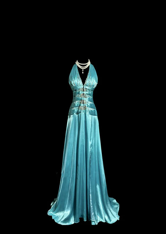 Vintage A line Halter Blue 1950s Retro Classy Satin Long Prom Dresses Party Dress 21st Birthday Outfits Graduation Dresses SH3509