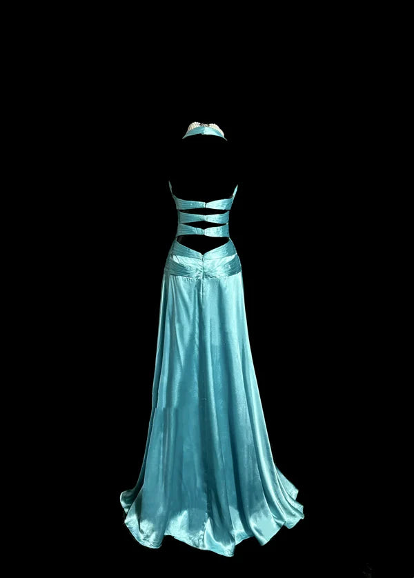 Vintage A line Halter Blue 1950s Retro Classy Satin Long Prom Dresses Party Dress 21st Birthday Outfits Graduation Dresses SH3509