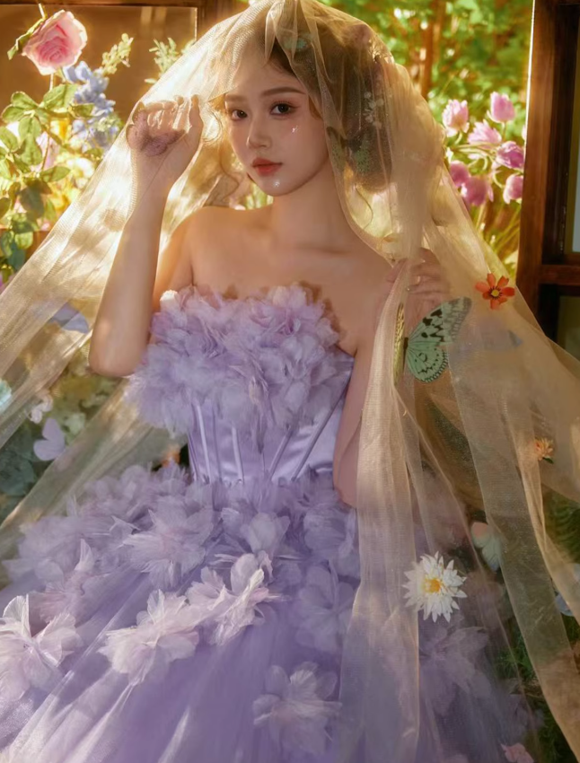 Purple Pretty Ball Gown Strapless Floral Tulle Prom Dress 16th Birthday Dress SH4087