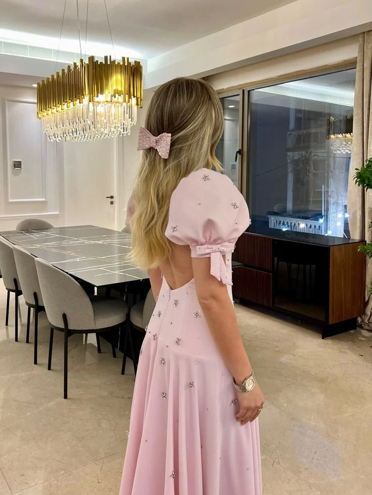 Pink Puff Sleeve A Line Beaded Satin Long Prom Dress Party Dress SH5539