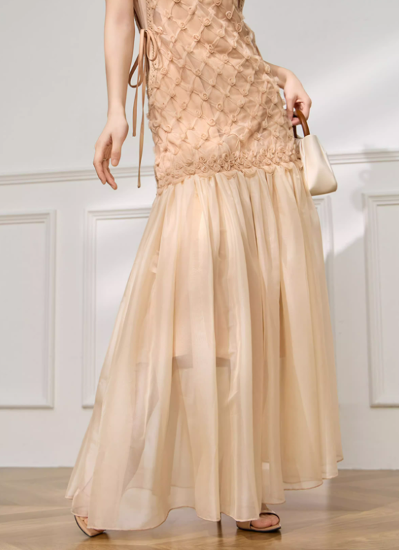 Simple Apricot A Line Round Neck Floral Tulle Prom Dress Outfits SH4731