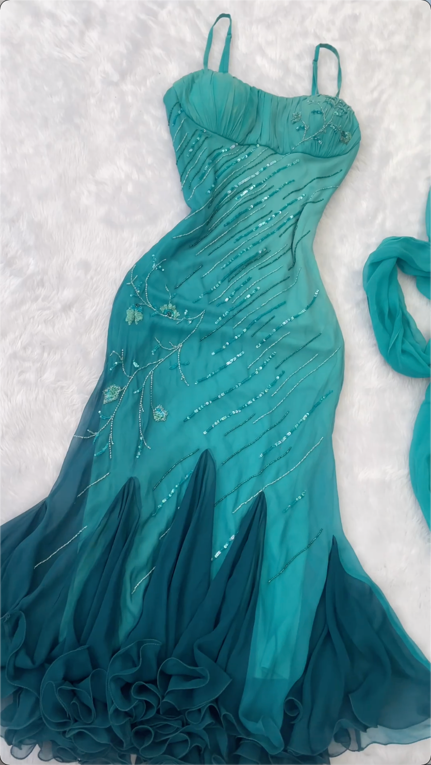 Blue Ombre Mermaid Spaghetti Strap Beaded Sequin Chiffon Prom Dress Graduation Prom Dress SH2466