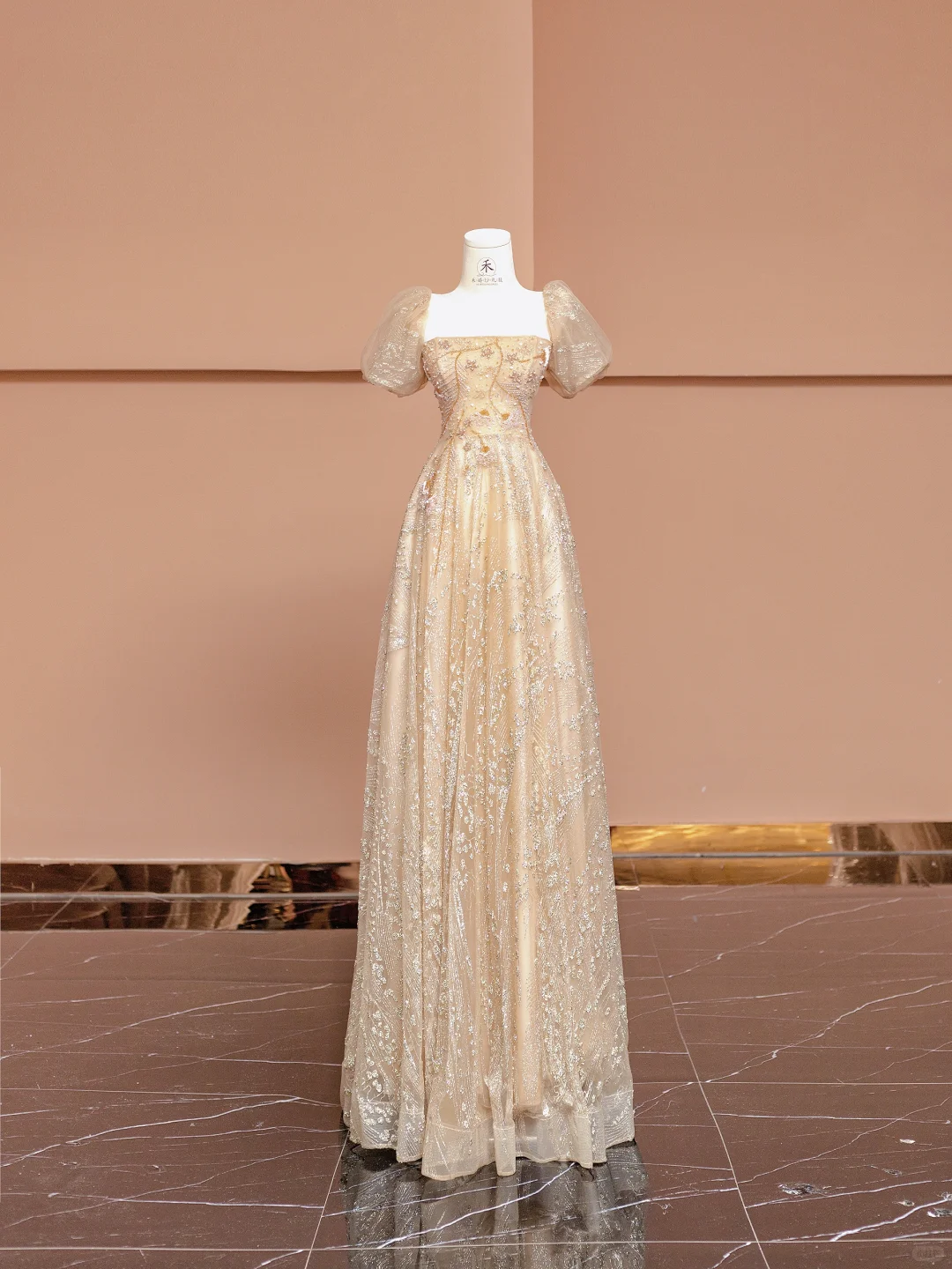 Pretty A Line Puff Beaded Sequin Champagne Tulle Long Prom Dress Party Dress SH4365