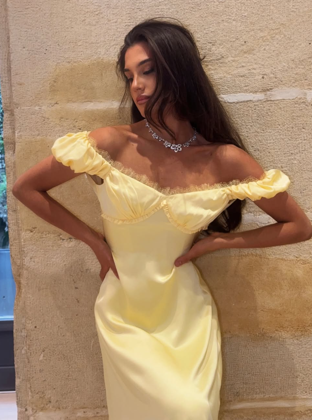 Gentle Yellow A Line Puff Lace Satin Long Prom Dress Party Dress Date Dress SH4004