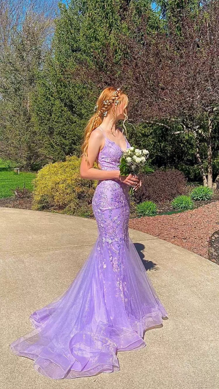 Lavender Mermaid Lace Applique Prom Dress Tulle Long Evening Dress SH917