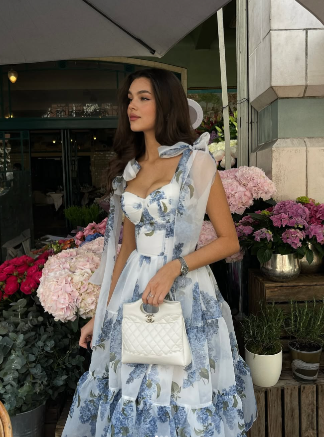 Blue Print Floral A Line Spaghetti Strap Tea Length Chiffon Homecoming Dress Cocktail Dress Outfits SH3564