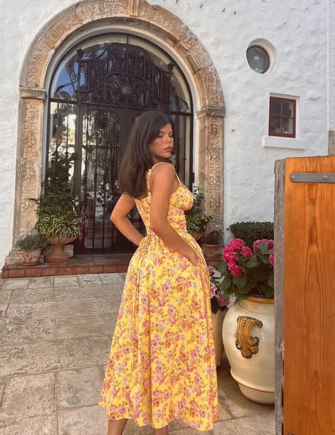 Cute A Line Spaghetti Strap Print Floral Yellow Satin Prom Dress Vacation Dress SH4570