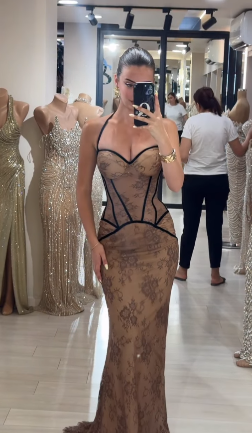 Sexy Mermaid Halter Brown Lace Long Ball Gown Evening Dress Prom Dress SH4825